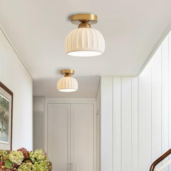 Semi Flush Mount Ceiling Light Fixtures，Small Gold Ceramic Hallway Close to Ceiling Light Farmhouse Light， Small Ceiling Light for Bedroom，Dining Room，Entryway Porch Foyer with E26 Base