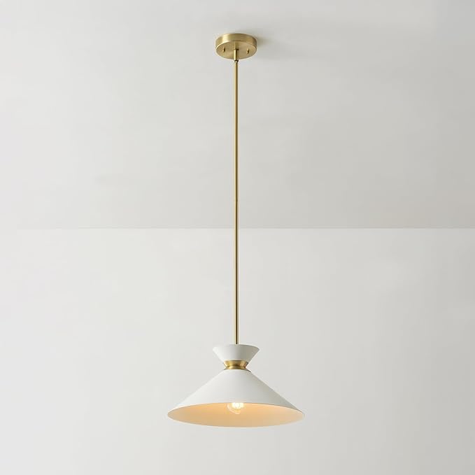GLOBE Electric 1-Light Pendant Light, Matte Brass Finish, White Tapered Metal Shade with Ring Detail, Adjustable Rods, Dimmable, E26 Base, 67000197