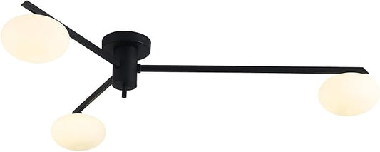 3-Light Modern Sputnik Chandelier with Milk Glass Shade - Black Flush Mount Ceiling Light for Kitchen
