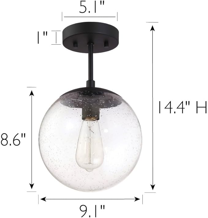 Design House 588517 Gracelyn Modern Indoor Dimmable Semi-Flush Ceiling Light with Clear Seedy Glass Globe Shade for Kitchen Hallway Bedroom, Matte Black