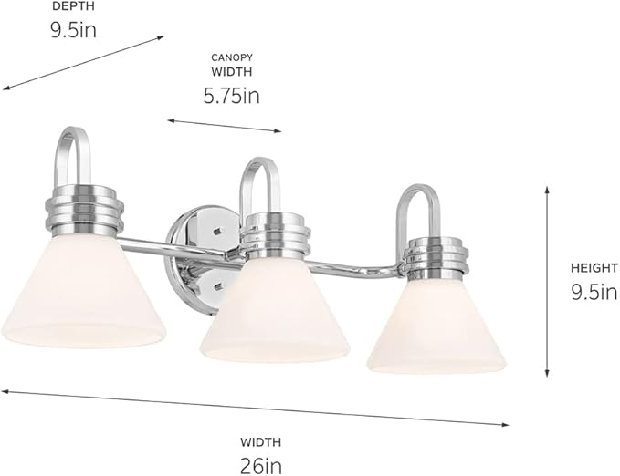Kichler Farum 26" 3-Light Bathroom Vanity Light Fixture with Opal Glass in Chrome, Modern Wall Mount Over Mirror for Single or Double Vanity (26" x 9.5" x 9.5"), 55155CH