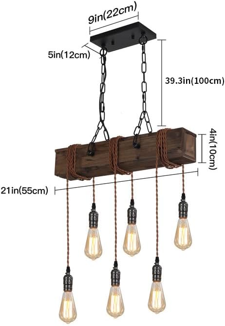 KEESFU 6-Lights Dining Farmhouse Chandelier, Farmhouse Wooden Ceiling Pendant Light, Height Adjustable, Rustic Chandelier for Kitchen Island Dining Room Bar Pool Table Cabin.