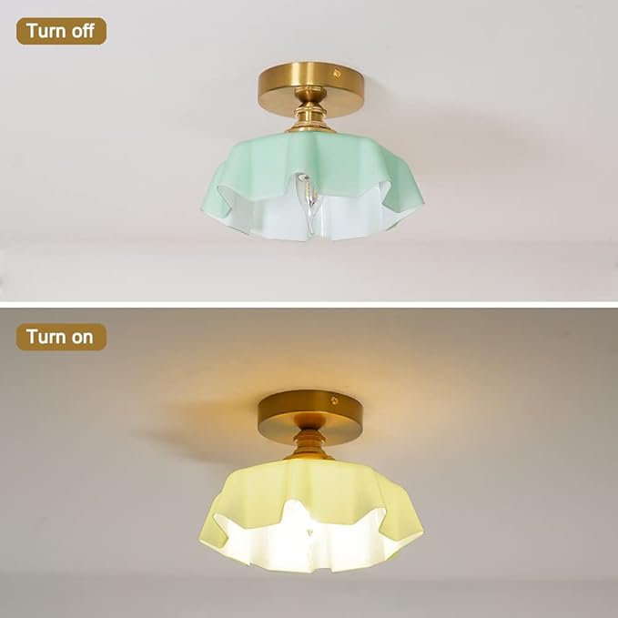 DSMJFU Brass Semi Flush Mount Ceiling Light, Cute Small Green Glass Flush Mount Ceiling Light, Porch Bathroom Lighting Fixtures with Flower Shape Glass for Closet Hallway Entryway