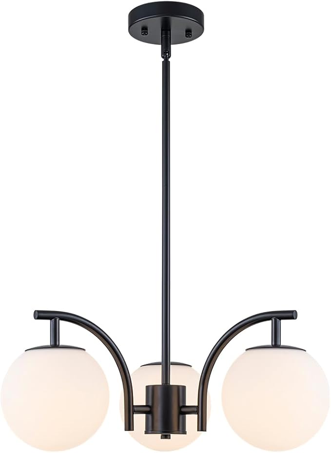 Black 3 Light Globe Chandelier Modern Sputnik Hanging Light Milk Glass Pendant Light Fixture for High Ceiling Kitchen Bedroom Dining Living Room