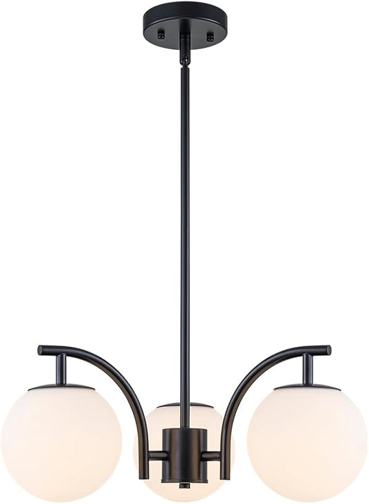 Black 3 Light Globe Chandelier Modern Sputnik Hanging Light Milk Glass Pendant Light Fixture for High Ceiling Kitchen Bedroom Dining Living Room