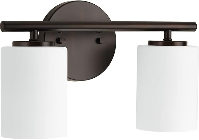 Progress Lighting Replay Collection 2 Light Bathroom Vanity Light, Modern Bath Lighting Fixture with Etched White Glass Shades for Over The Mirror, Reversible Mounting, Antique Bronze