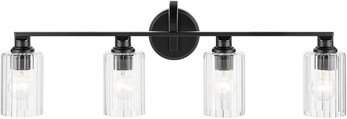 Kichler Gioe 4-Light Bathroom Vanity Light Fixture with Clear Fluted Glass in Black, Modern Wall Mount Over Mirror Lighting for Powder Room (32.25 x 10.5 x 6.75 in), 55227BKFLU