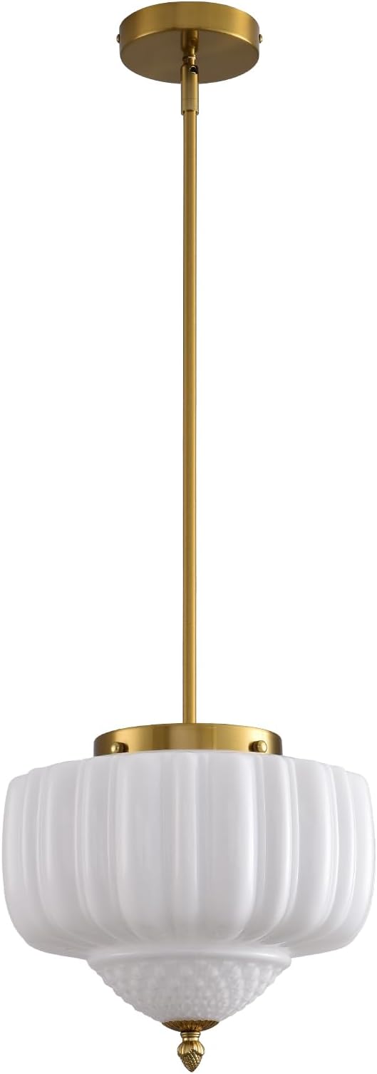Glass Pendant Light, 13.78 inch Pendant Light Fixture with Milky White Floral Lightshade, Height Adjustable Brushed Gold Vintage Hanging Lamp for Dining Room Kitchen Island Bedroom Livingroom Entryway