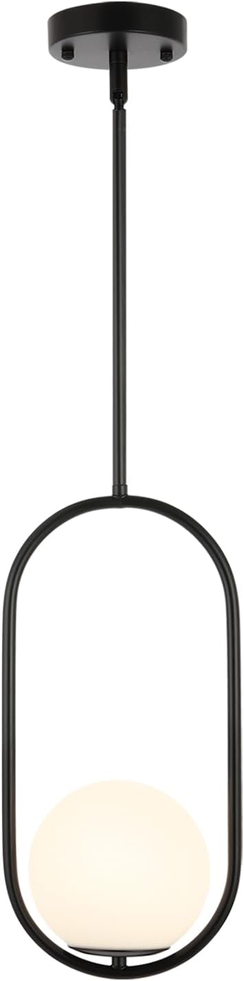 BYOLIIMA Modern Globe Pendant Light Mid Century Chandelier 1-Light Matte Black Ceiling Hanging Lighting Fixture with White Globe Glass Shade for Kitchen Island Dining Room Bedroom