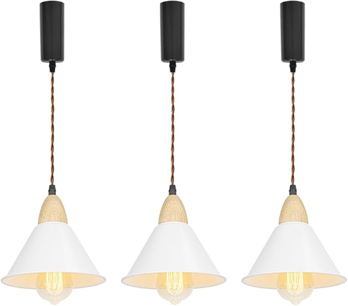 3.2-Foot Adjusted Cable H-Type Track Lamp White Metal Shade Wood Base Modern Pendant Lighting for Kitchen Dining Room 3-Pack(No Bulb, Track)