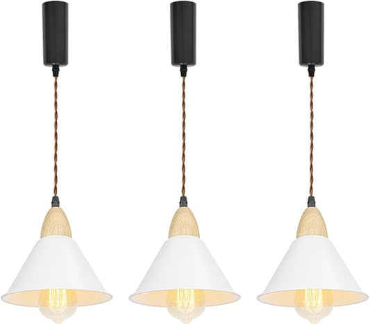 3.2-Foot Adjusted Cable H-Type Track Lamp White Metal Shade Wood Base Modern Pendant Lighting for Kitchen Dining Room 3-Pack(No Bulb, Track)