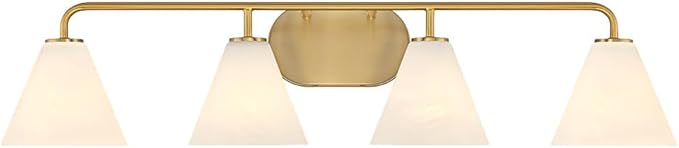 Savoy House 8-2988-4-322 Blair White Strie Glass Bathroom Conical Bathroom Vanity Light, 4-Light 240 Total Watts, 8'' H x 35'' W, Warm Brass