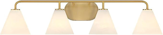 Savoy House 8-2988-4-322 Blair White Strie Glass Bathroom Conical Bathroom Vanity Light, 4-Light 240 Total Watts, 8'' H x 35'' W, Warm Brass