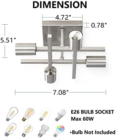 2 Pack 4-Light Semi Flush Mount Ceiling Light, Modern Brushed Nickel Close to Ceiling Light Fixtures, Easy Assembled, House Indoor Ceiling Lights for Bedroom Living Room