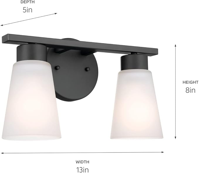 Kichler Stamos 2-Light Bathroom Vanity Light Fixture with Satin Etched Glass Shades, Modern Wall Light in Black for over Mirror Lighting Installation, 13 in x 8 in x 5 in, 55120BK