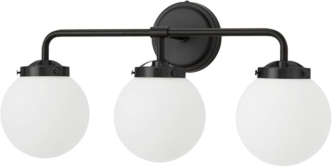 Black Bathroom Light Fixtures Over Mirror, 3-Light Modern Vanity Lighting with Milk White Glass Globe Shade Wall Sconce