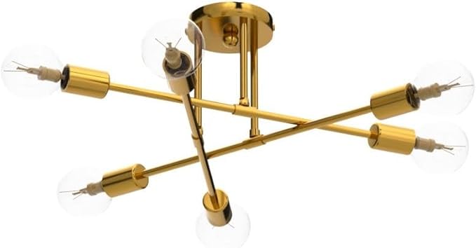 Semi Flush Mount Ceiling Light Fixture, 6 Lights Modern Sputnik Chandelier Ceiling Lamp with E26 Bulb Base, Light Fixtures Ceiling Mount for Bedroom Kitchen Living Room Hallway (Gold)