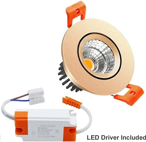 LightingWill 2inch LED Dimmable Downlight, 3W COB Recessed Ceiling Light, Daylight White 5500K-6000K, CRI80, 25W Halogen Bulbs Equivalent, Gold (10 Pack)