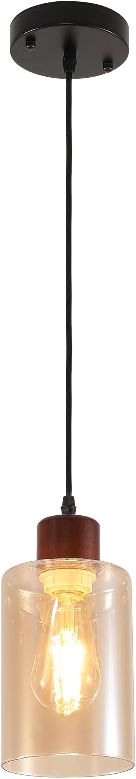 Modern Wood Pendant Lighting for Kitchen Island, Farmhouse Pendant Light Fixtures 1 Pack, Adjustable Hanging Ceiling Light with Amber Glass Shade