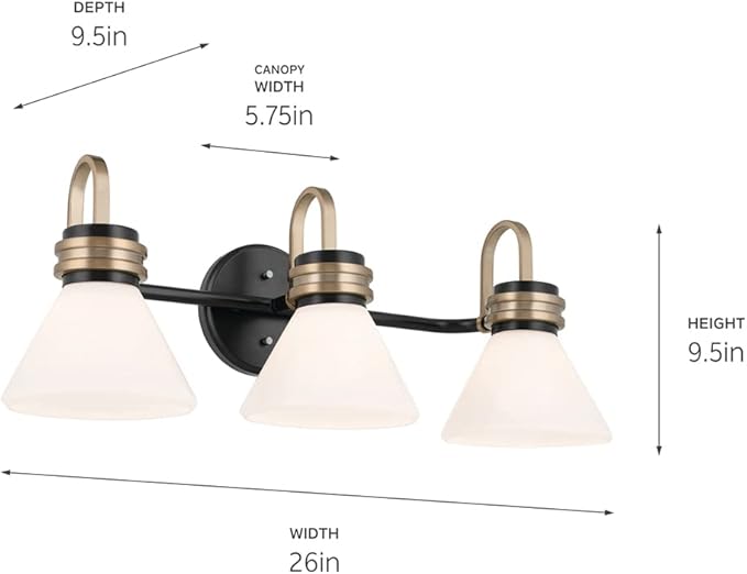 Kichler Farum 26 in 3-Light Bathroom Vanity Light Fixture with Opal Glass in Black with Champagne Bronze Accents for Modern Bathrooms and Powder Rooms (26 in W x 9.5 in H x 9.5 in D) 55155BK