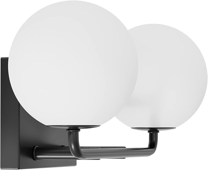 Tipace 2 Lights Mid Century Vintage Bathroom Vanity Light Fixtures Over Mirror Black Industrial Vanity Lights with Milk White Glass Globe Farmhouse Bath Lighting(Exclude Bulb)