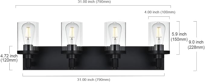 Modern Vanity Lighting, 4 Lights Bathroom Light Fixtures Over Mirror with Clear Class Shade Industrial Matte Black Wall Sconce for Powder Room Living Room, Bedroom Hallway Farmhouse