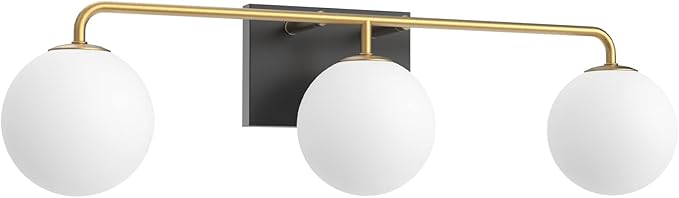 Tipace Mid Century Modern Gold 3-Lights Vanity Light Fixtures with Milky White Glass Ball Shades Industrial Vanity Lighting Over Mirror Wall Sconces for Bathroom Dressing Table Bedroom(Exclude Bulb)