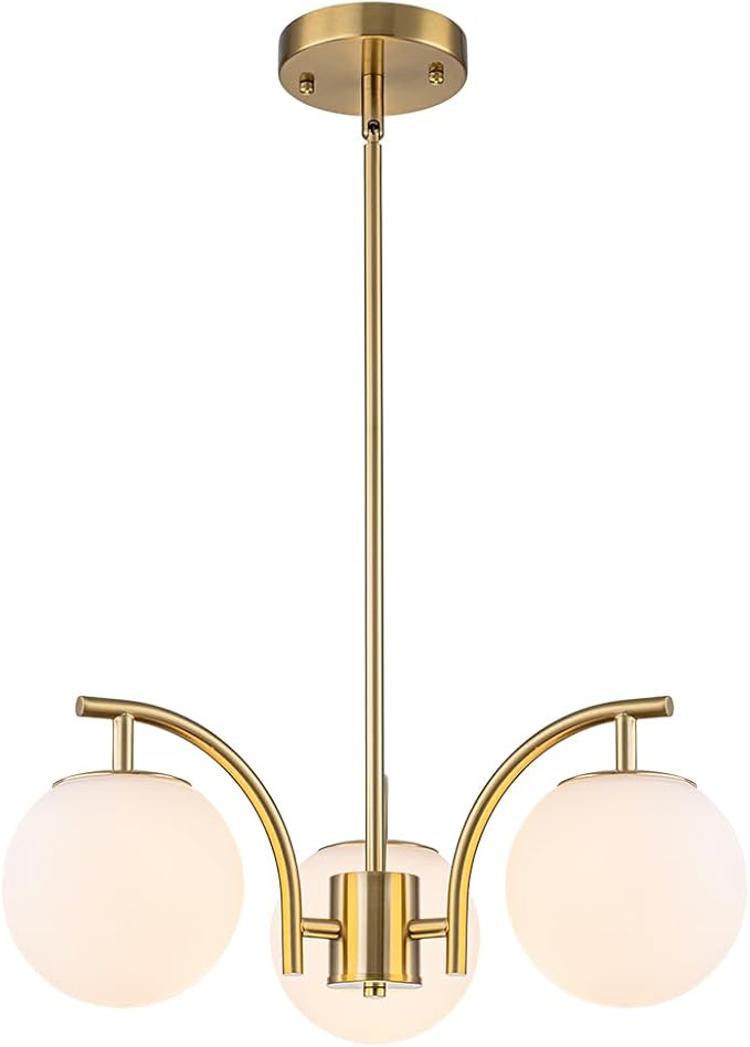 Gold Sputnik Chandelier 3 Light Milk Glass Globe Hanging Light Modern Pendant Light Fixture for High Ceiling Kitchen Bedroom Dining Living Room