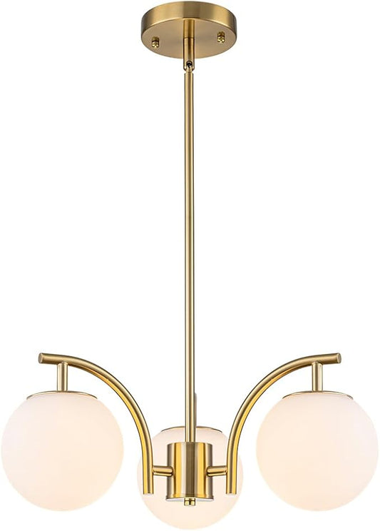 Gold Sputnik Chandelier 3 Light Milk Glass Globe Hanging Light Modern Pendant Light Fixture for High Ceiling Kitchen Bedroom Dining Living Room
