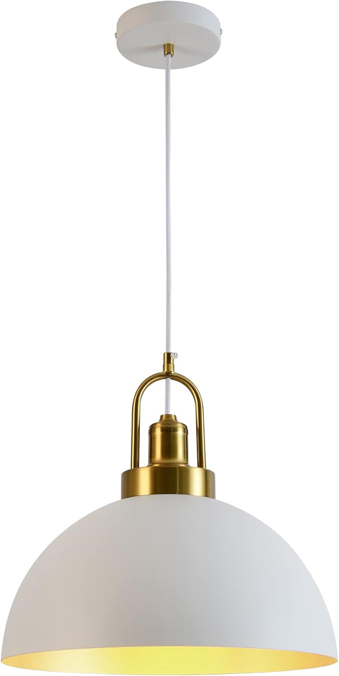 Vintage Industrial Pendant Light - 13.58'' Rustic White and Gold Farmhouse Dome Pendant Lighting, 78.74'' Length, for Kitchen, Dining, Bedroom, Living Room