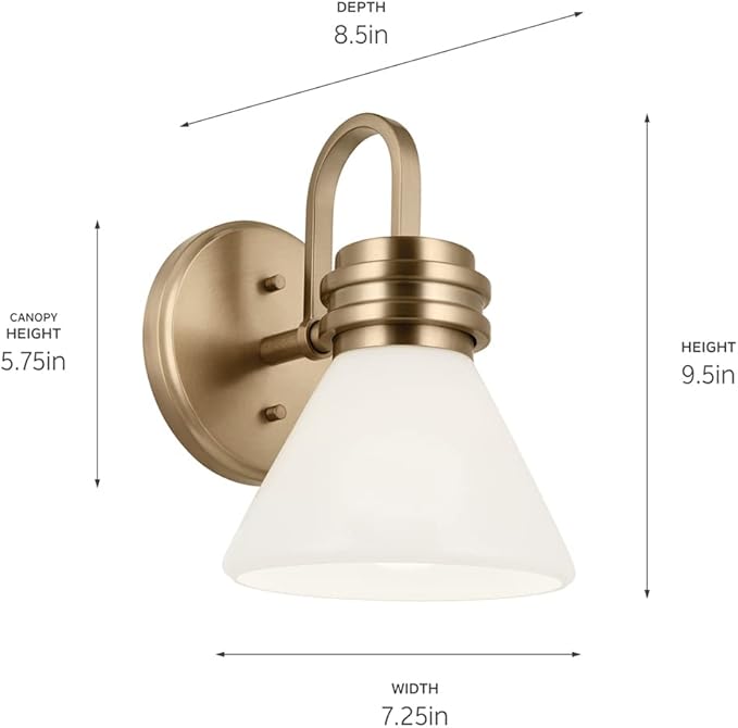 Kichler Farum 9.5 Inch 1 Light Wall Sconce with Opal Glass in Champagne Bronze, for Fireplace, Kitchen, Bedroom, Hallway, or Vanity, (7.25" W x 9.5" H), 55153CPZ