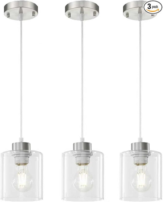 1 Light Hanging Pendant Light Fixtures, Adjustable Brushed Nickel Pendant Lights Kitchen Island, Modern Farmhouse Light Fixtures for Dining Room, Clear Glass Shade, E26 Base, 3 Packs
