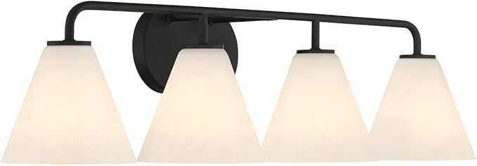 Savoy House 8-2988-4-BK Blair Traditional Vintage White Strie Glass Bathroom Vanity Wall Light, 4-Light 240 Total Watts, 8" H x 35" W, Matte Black