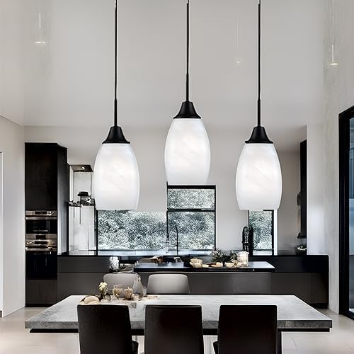 Viinew Mini Glass Pendant Light,4.72" Black White Hanging Lights 3-Pack Handblown White Oval Art Glass Hanging Pendant Light for Kitchen Island,Dining Room,Living,Foyer,Hallway, Entry