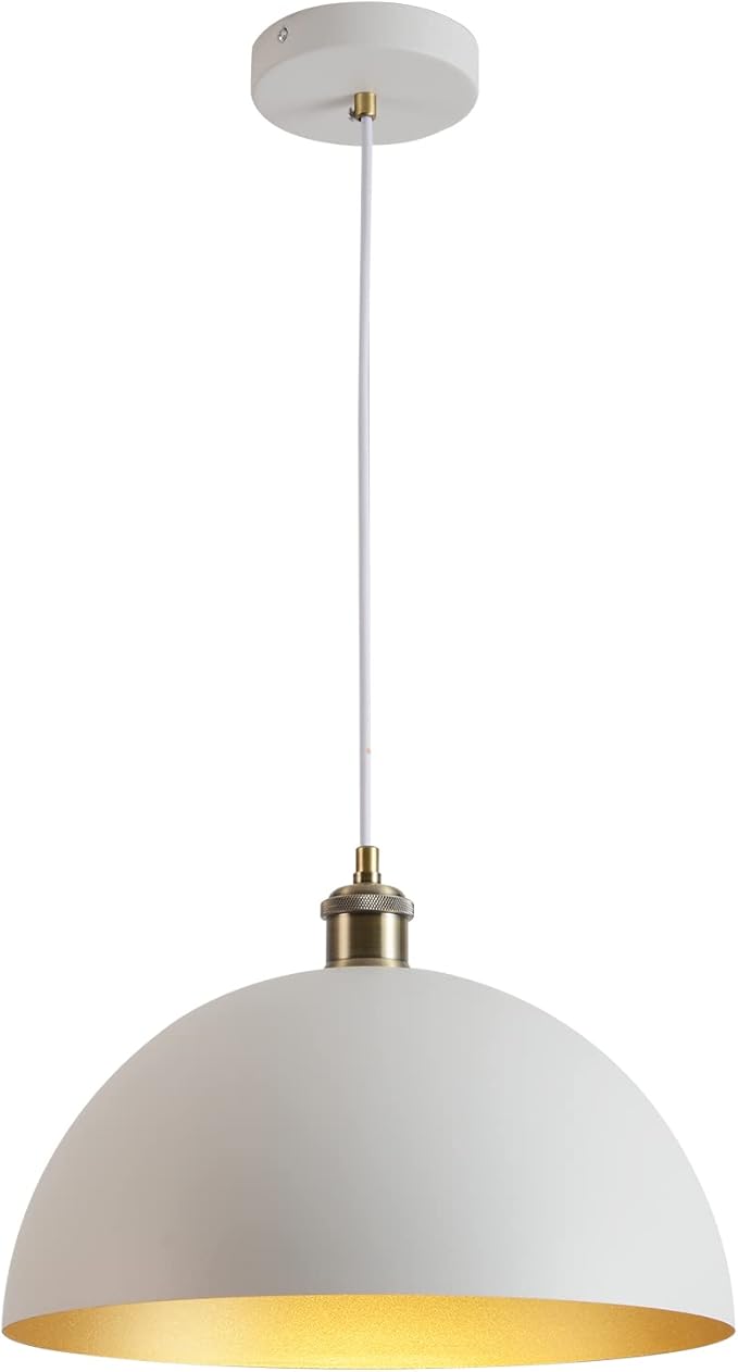 White and Gold Chandelier: 13.7 Inch Retro Farmhouse Style Dome Pendant Light for Kitchen Island, Bedroom, Dining Room, Living Room, and Corridor