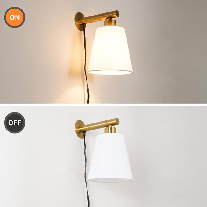 Gold Plug-in Wall Sconces Set of 2, Bedside Lamps With Fabric Linen Shade, Brass Gold Wall Sconce With Cord, Wall Decor Bedroom Lights for Living Room Hallway Porch