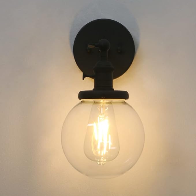Phansthy Black Bathroom Light Fixture Single Industrial Wall Sconce with 5.9 Inches Globe Lampshade