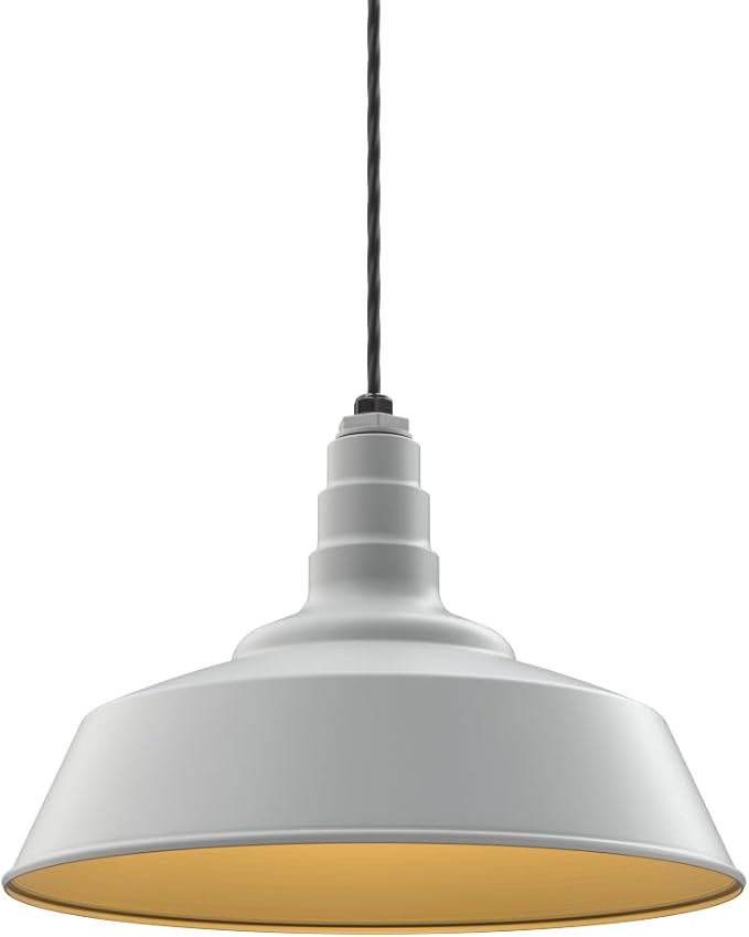 Steel Lighting Co. Manhattan Warehouse Light | Ceiling Mounted Pendant | 20 inch Dome | 4' Black Cord | Large Steel Barn Light Made in America | Modern Gray Exterior/Brass Interior