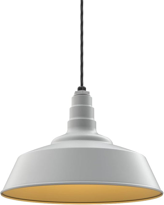 Steel Lighting Co. Manhattan Warehouse Light | Ceiling Mounted Pendant | 20 inch Dome | 4' Black Cord | Large Steel Barn Light Made in America | Modern Gray Exterior/Brass Interior