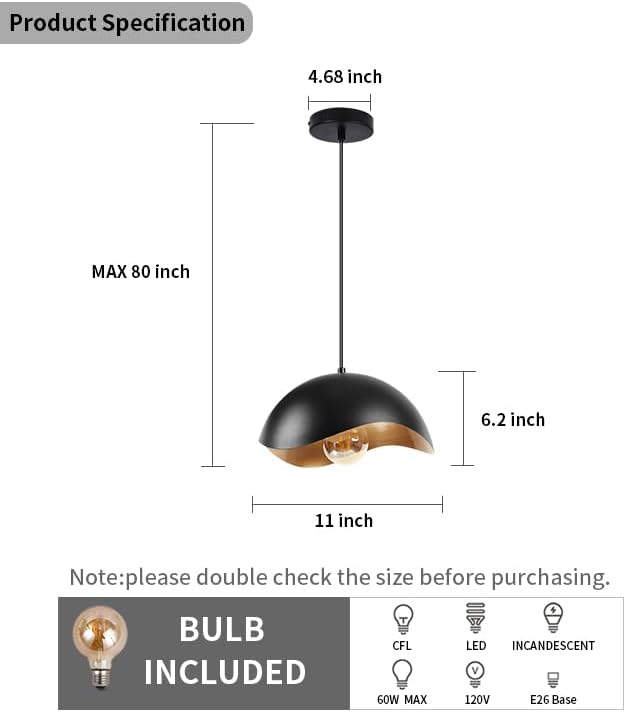 Modern Wave Pendant Light, 11" Black and Gold Dome Shade, LED Ceiling Light Fixture with Globe Bulb, Contemporary Hanging Light for Kitchen, Dining Room, Bedroom
