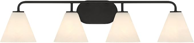 Savoy House 8-2988-4-BK Blair Traditional Vintage White Strie Glass Bathroom Vanity Wall Light, 4-Light 240 Total Watts, 8" H x 35" W, Matte Black