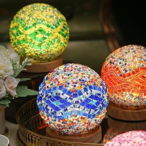 Turkish Table lamp (D:4.7" x H:5.2"),Mosaic Glass Lamps with Wooden Base, Bohemian Tiffany Bedside Lamps, USB Power Moroccan Lantern for Living Room Halloween Decorations (Baroque - Blue, Baroque)