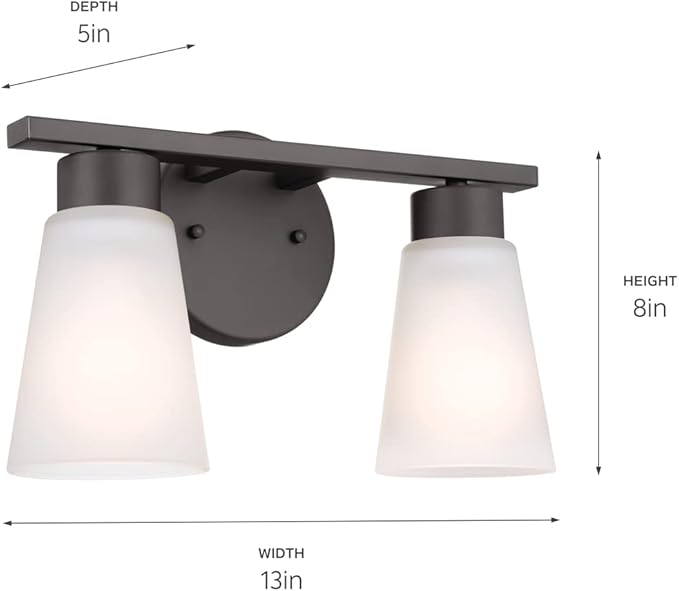 Kichler Stamos 2-Light Bathroom Vanity Light with Satch Etched Glass Shades, 13" Modern Wall Light in Olde Bronze®, (13" x 8" x 5")
