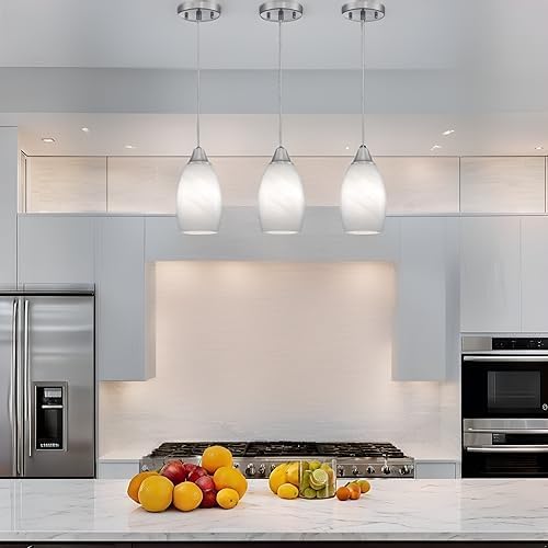 Viinew Mini Glass Pendant Light 4.72" White Swirl Pendant Lights 3-Pack Handblown White Art Oval Glass Hanging Pendant Light for Kitchen Island Dining Room Living Foyer Hallway Entry