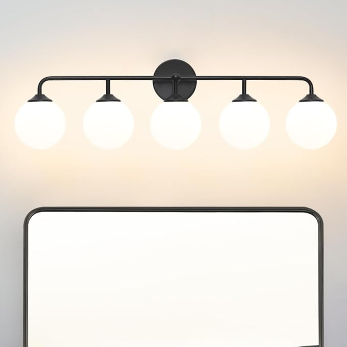Modern Matte Black 5-Lights Bathroom Vanity Light, Lighting Fixtures Over Mirror with Milky White Glass Ball Shades, Wall Sconces for Bathroom Dressing Table Bedroom