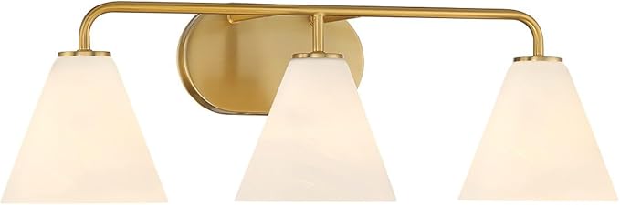 Savoy House 8-2988-3-322 Blair White Strie Glass Bathroom Conical Bathroom Vanity Light, 3-Light 180 Total Watts, 8'' H x 26'' W, Warm Brass