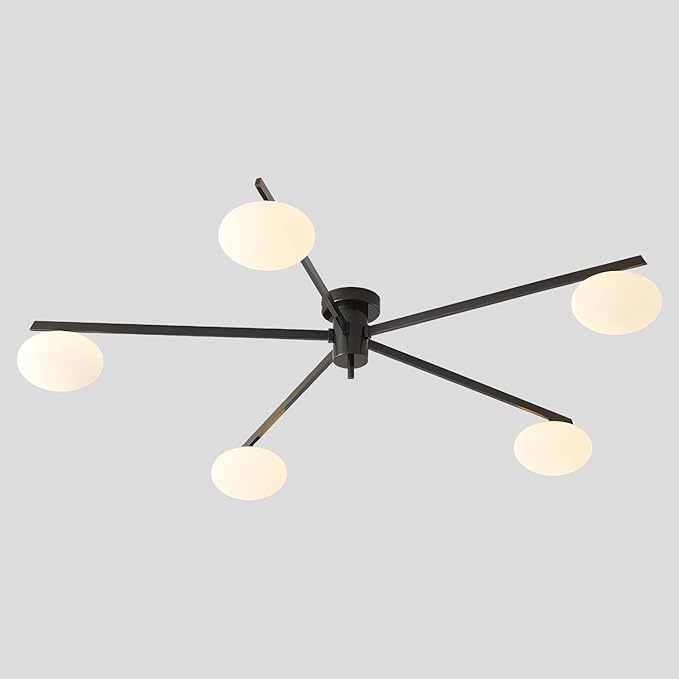 5 Lights Mid Century Modern Black Sputnik Semi Flush Mount Ceiling Light Vintage Glass Close to Ceiling Light Fixtures Industrial Metal Ceiling Chandelier Glass Globe Hall Light MCL05-BK