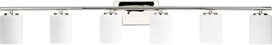 Progress Lighting Replay Collection 6 Light Bathroom Vanity Light, Modern Bath Lighting Fixture with Etched White Glass Shades for Over the Mirror, Reversible Mounting, Polished Nickel