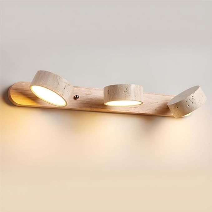Farmhouse Wood Vanity Light Fixture Nordic Style Stone Wall Lamp Natural Travertine Shade Linear Bathroom Wall Sconce 3 Lights Rotatable LED Wall Light Over Mirror - Natural Wood Color