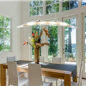 YIFONTIN LED Island Lights Fixture Linear Pendant Cambered Hanging Warm Lamp Chandelier Droplight 18W 31.5" Width for Kitchen Reading Dining Room Restaurant Office, Satin Nickel.